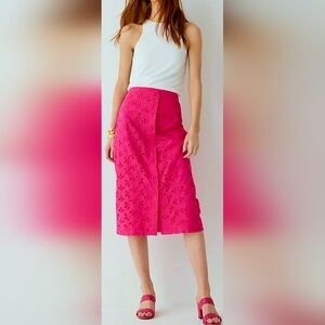 Hot Pink Button-Front Eyelet Skirt Gift Floral Party Spring Summer Travel Work